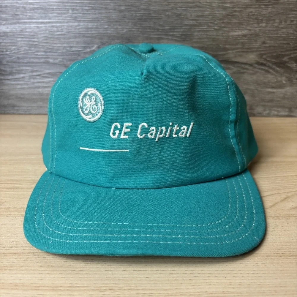 Vintage GE Capital Hat Cap Strap Back Teal Green Embroidered Promo Mens 90s
